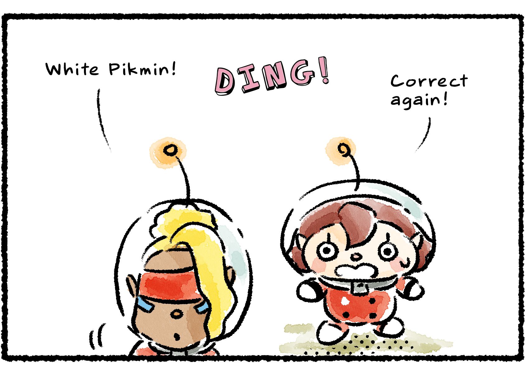 Panel two. "White Pikmin!" Shepherd says. DING! "Correct again!"