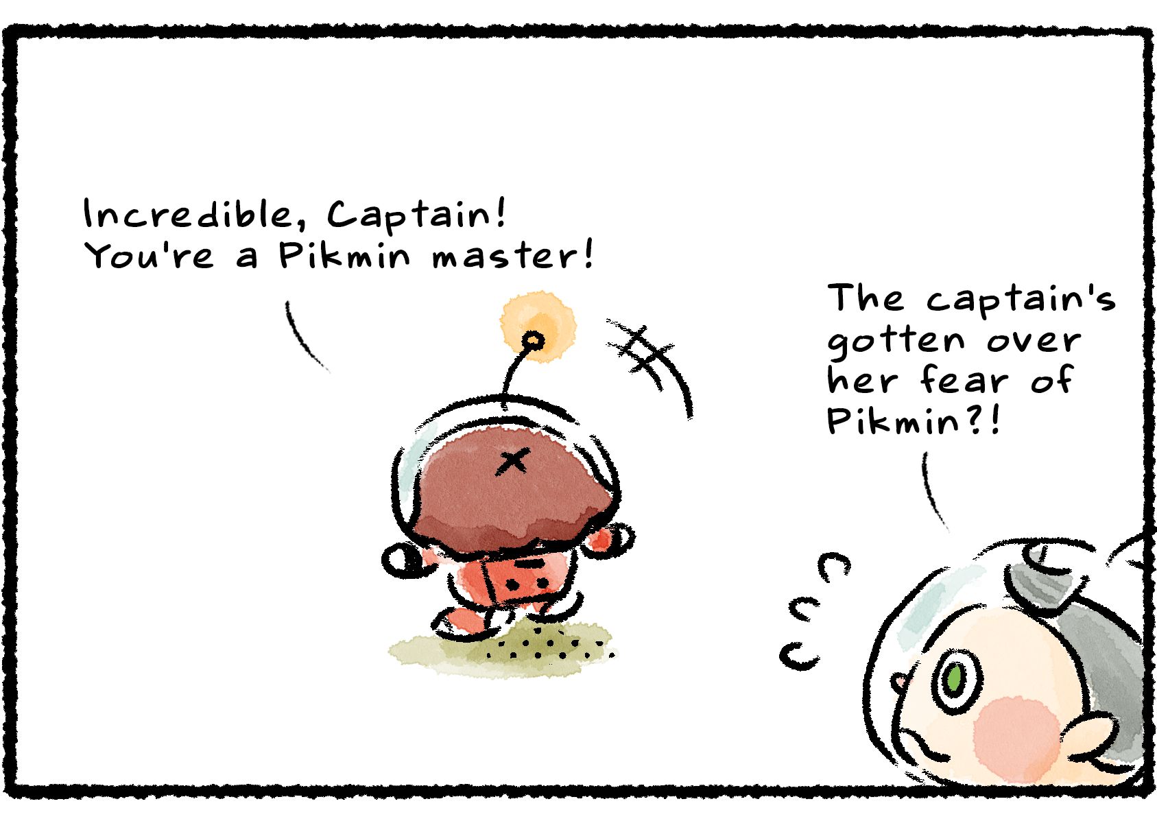 Panel three. "Incredible, Captain!" the Rescue Officer says. "You're a Pikmin master!" Collin approaches from behind the scene. "The captain's gotten over her fear of Pikmin?!" he says.