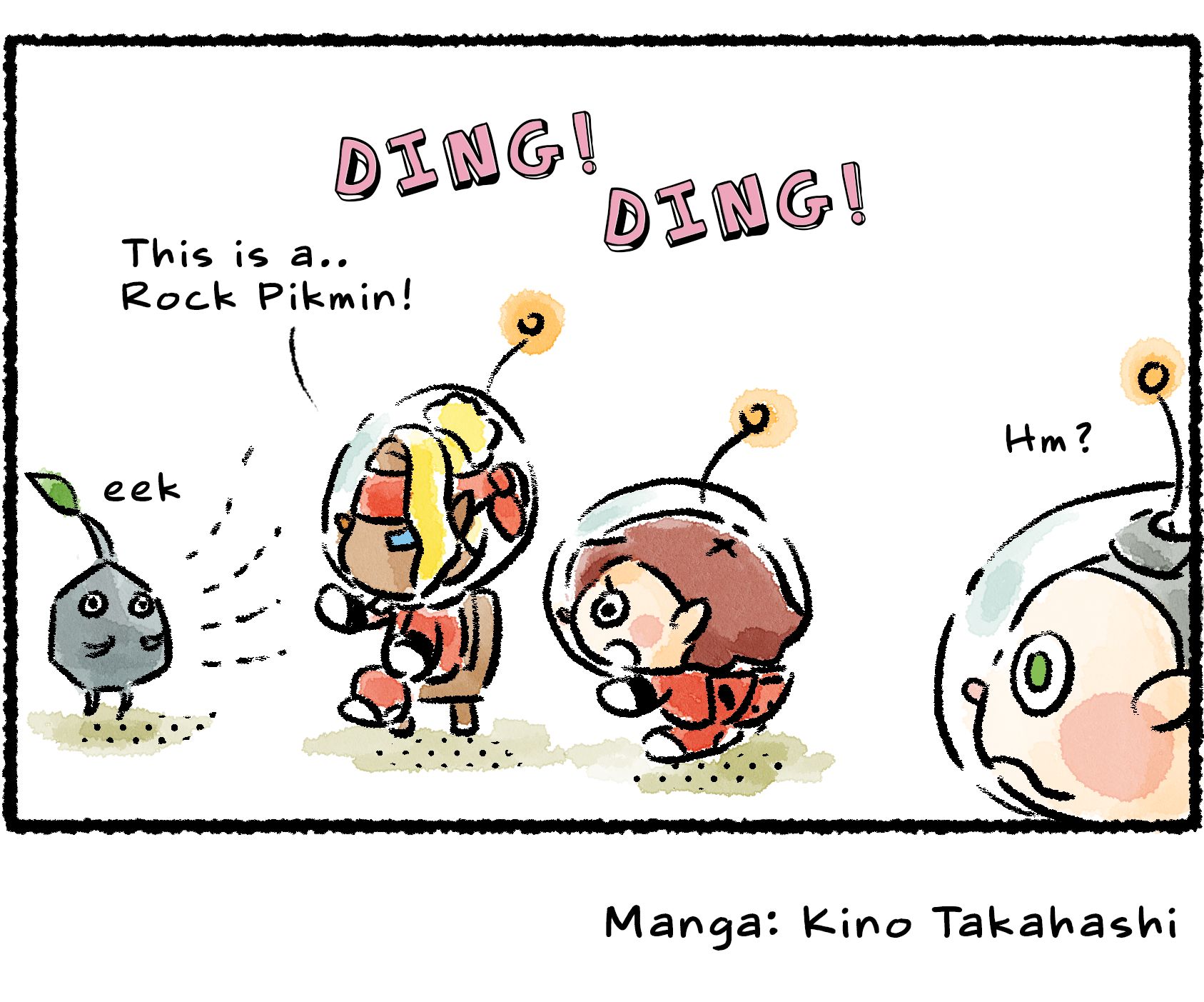 Panel four. "This is a...Rock Pikmin!" Shepherd says. DING! DING! Collin, now viewing the scene from the side, can see that Shepherd is blindfolded. "Hm?" he says, confused.