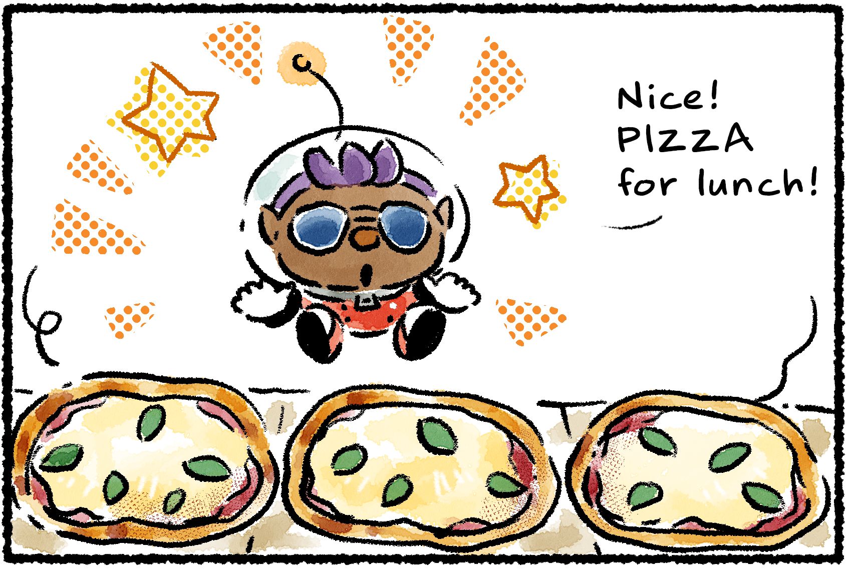 Panel one. Bernard comes upon three freshly-baked pizzas sitting out on a table. "Nice!" he says. "PIZZA for lunch!"