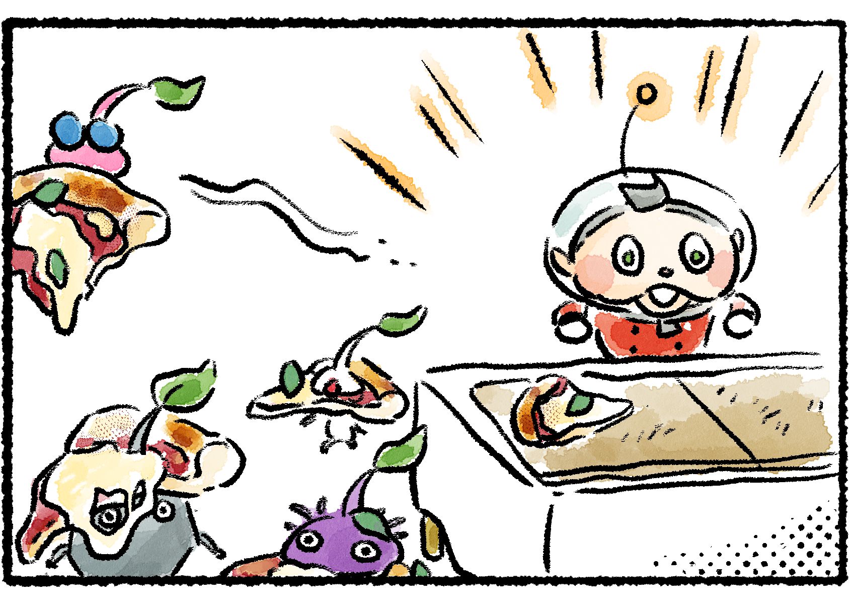 Panel three. Collin returns to the table and is shocked to see that there is only one slice of pizza left. Several Pikmin are stealing away with slices.