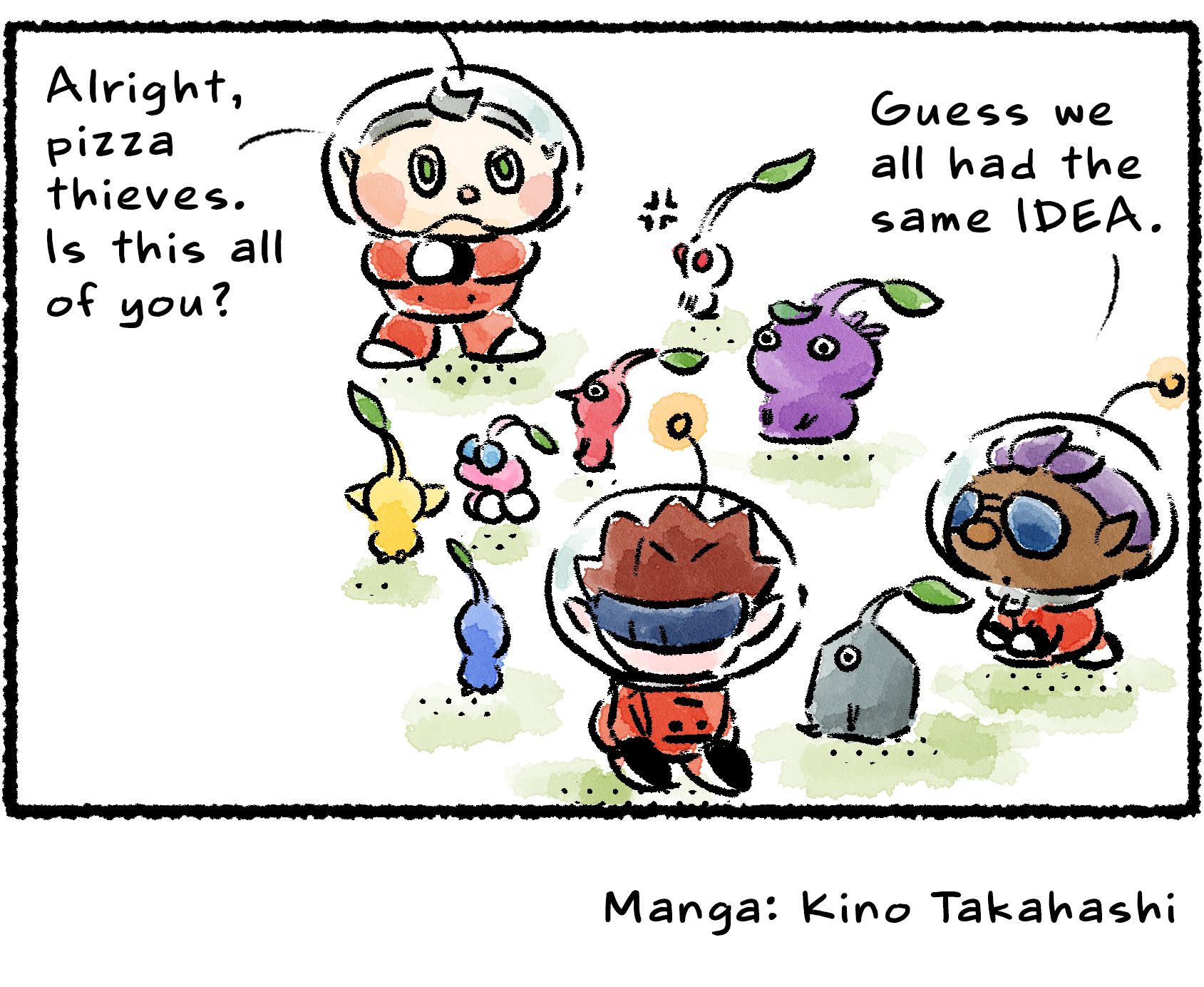 Panel four. Collin has rounded up an assortment of Pikmin along with Bernard and Dingo. "Alright, pizza thieves," he says. "Is this all of you?" Bernard says, "Guess we all had the same IDEA."