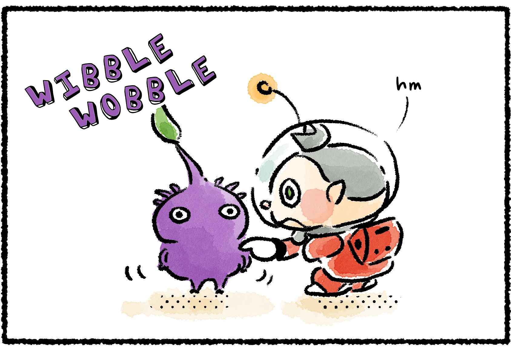 Panel one. Collin contemplatively pokes a Purple Pikmin. The Purple Pikmin wobbles a bit.