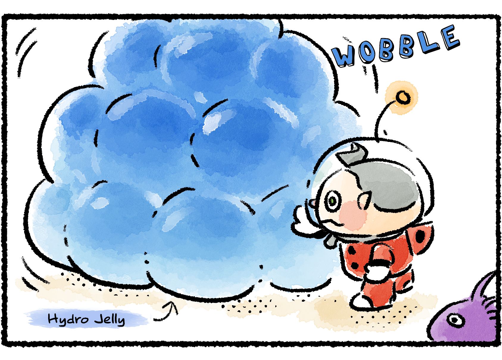 Panel two. Collin nudges a pile of Hydro Jelly, causing it to wobble in a very similar way to the Purple Pikmin.