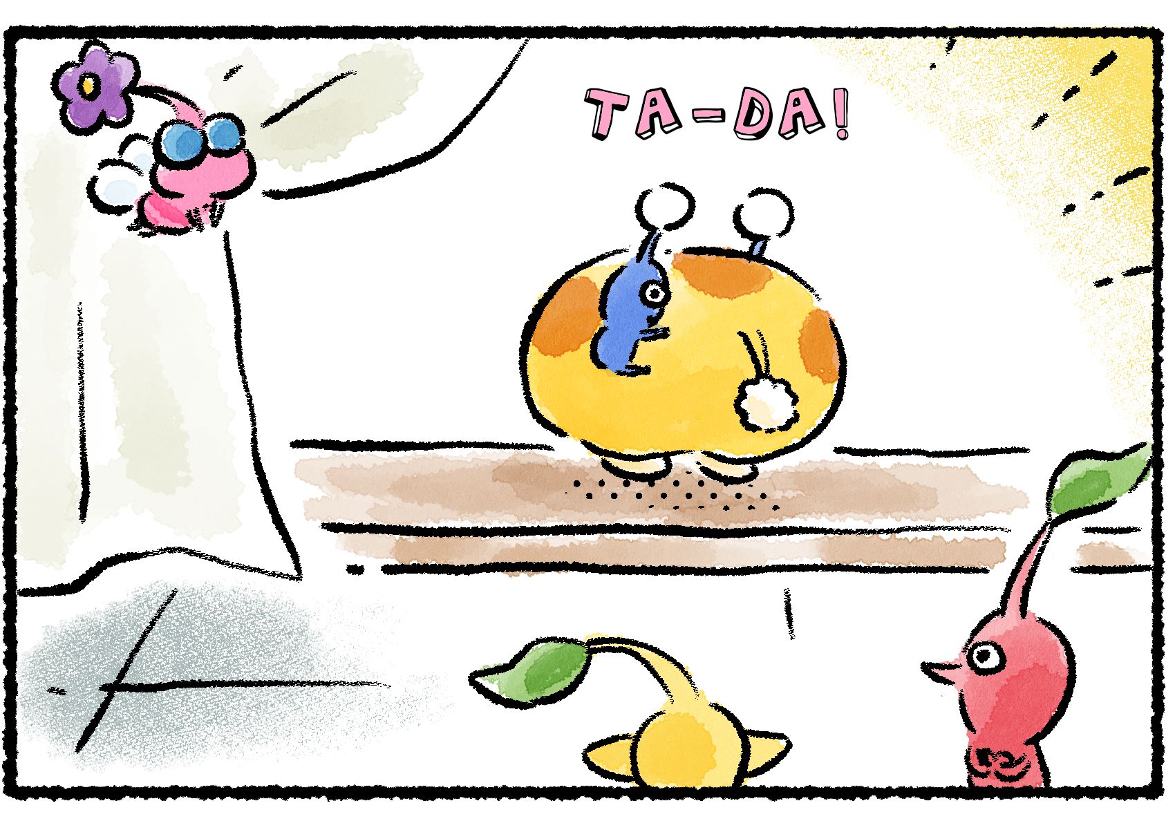 Panel two. A Winged Pikmin pulls the curtain aside to reveal that the Bulborb-like shadow was created by Oatchi posing with a Blue Pikmin.