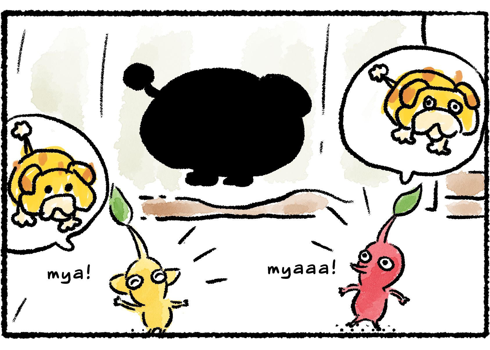 Panel three. The Red and Yellow Pikmin are delighted as they see what looks like Oatchi's shadow on the other side of the curtain.