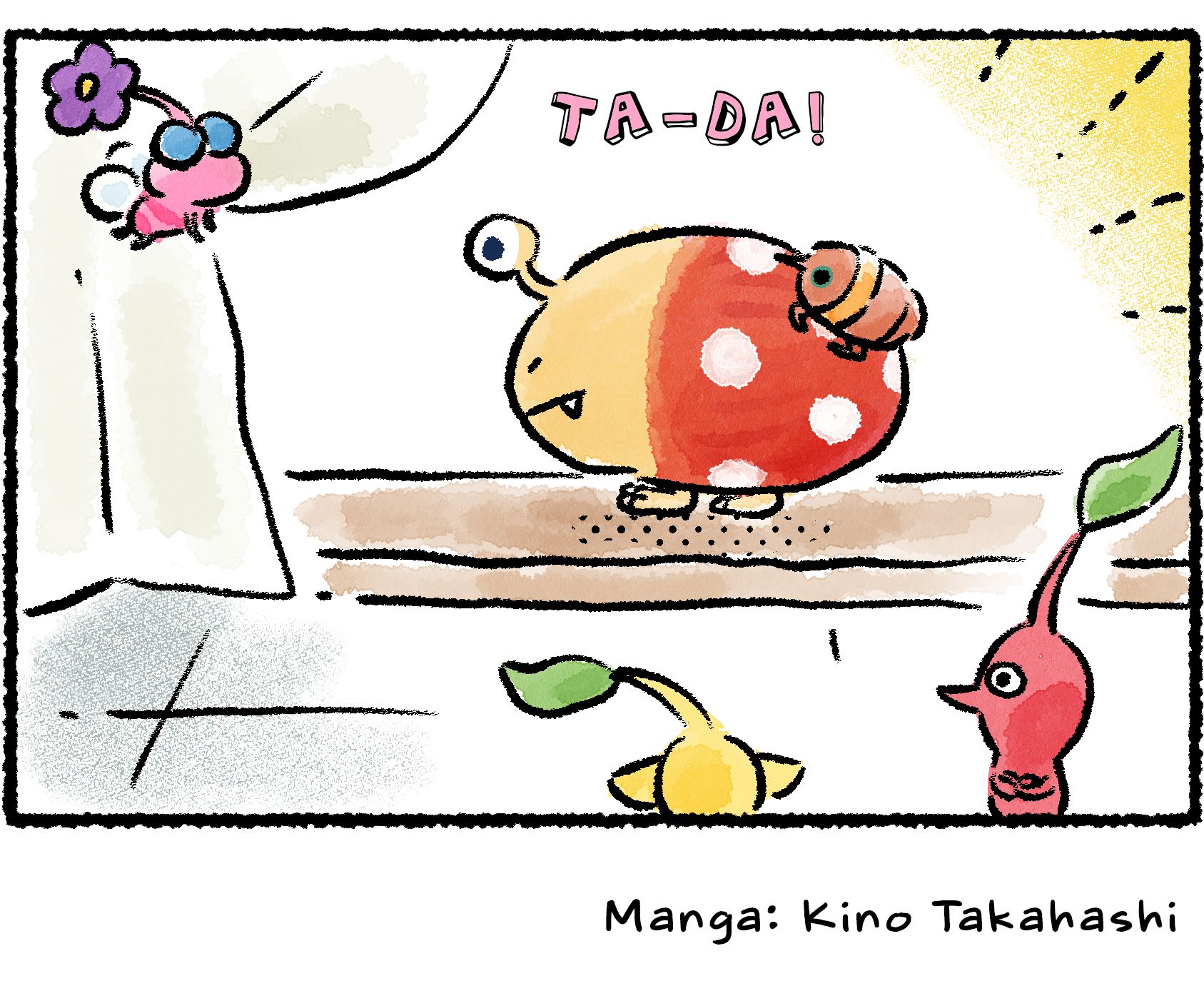 Panel four. The Winged Pikmin pulls the curtain back to reveal that the Oatchi-like shadow was made by a Bulborb.