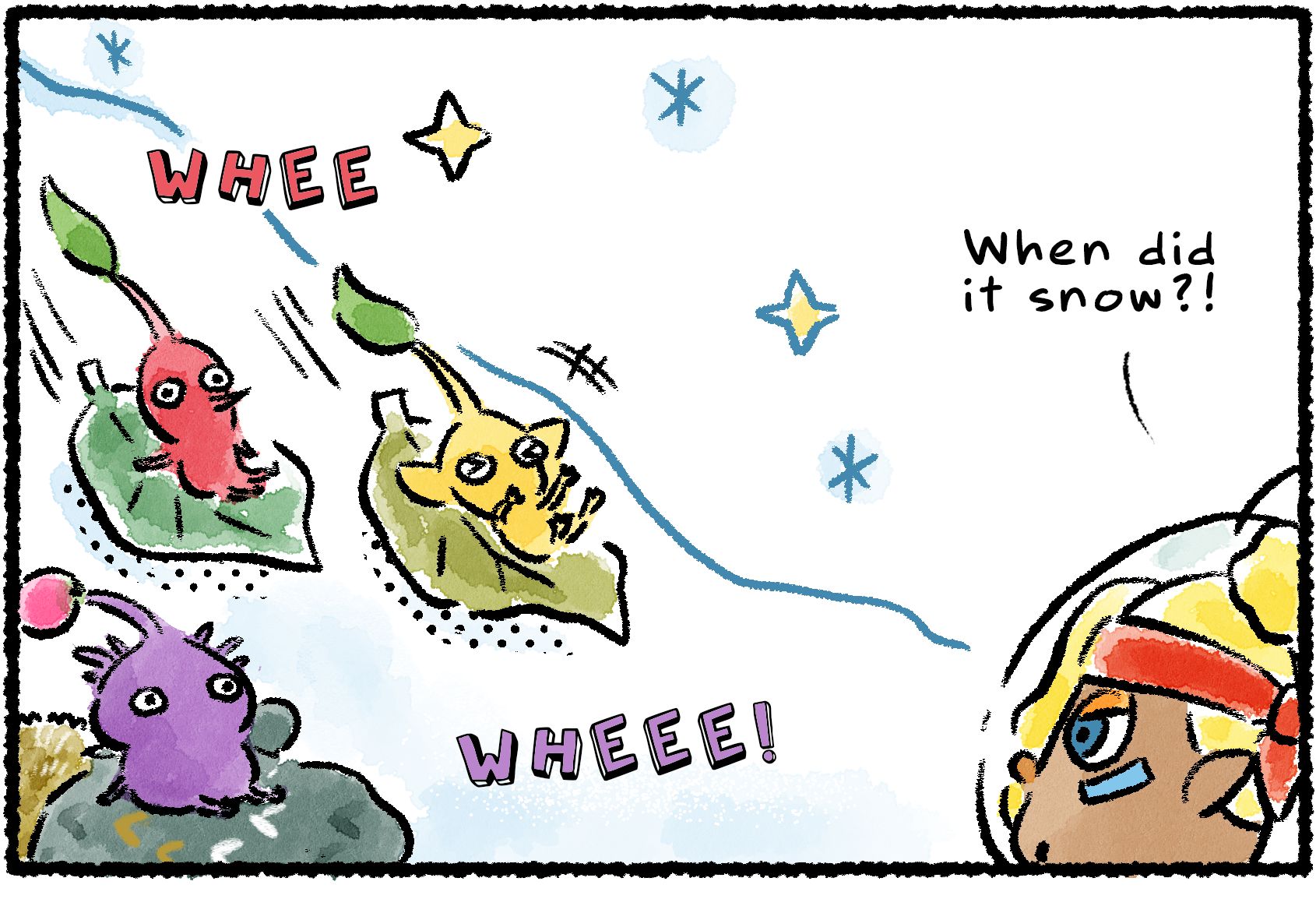 Panel one. Several Pikmin are riding down a snowy hill on leaves. Watching this, Shepherd wonders, "When did it snow?!"