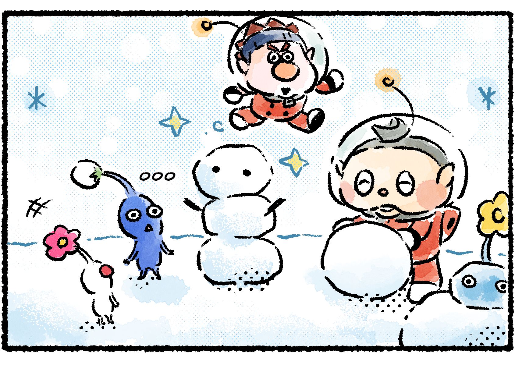 Panel two. Collin, Dingo, and a group of Pikmin are having fun and making snowmen together.