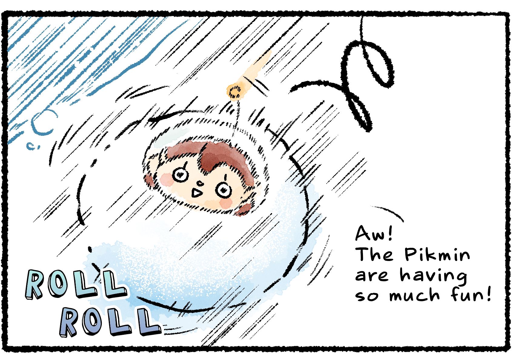 Panel three. A Rescue Officer rolls down a hill while embedded in a snowball. "Aw!" she says. "The Pikmin are having so much fun!"