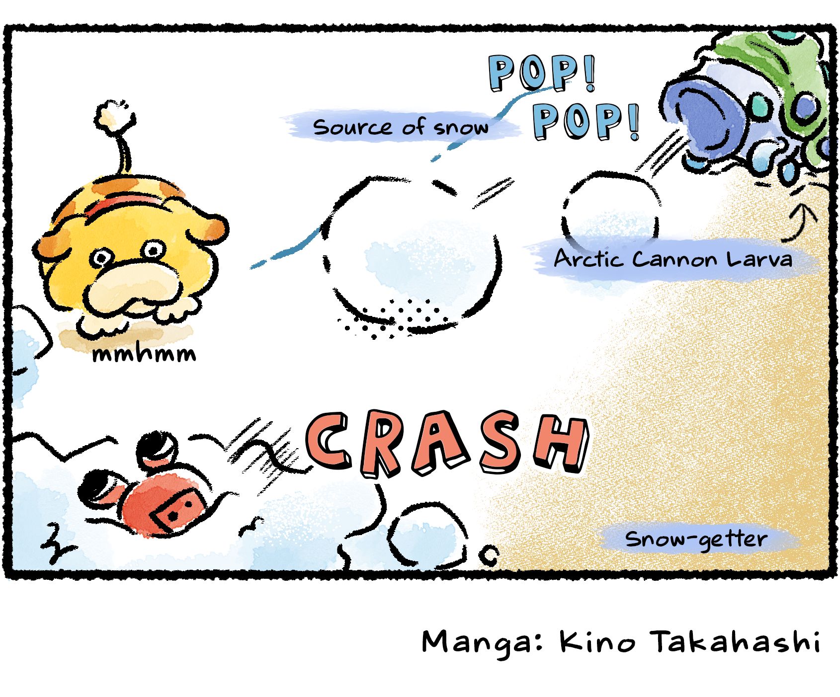 Panel four. Oatchi watches the Rescue Officer crash face down in the snow. Descriptive text labels the Rescue Officer as a "Snow-getter". At the top of the hill, an Arctic Cannon Larva is revealed to be the source of the snow.