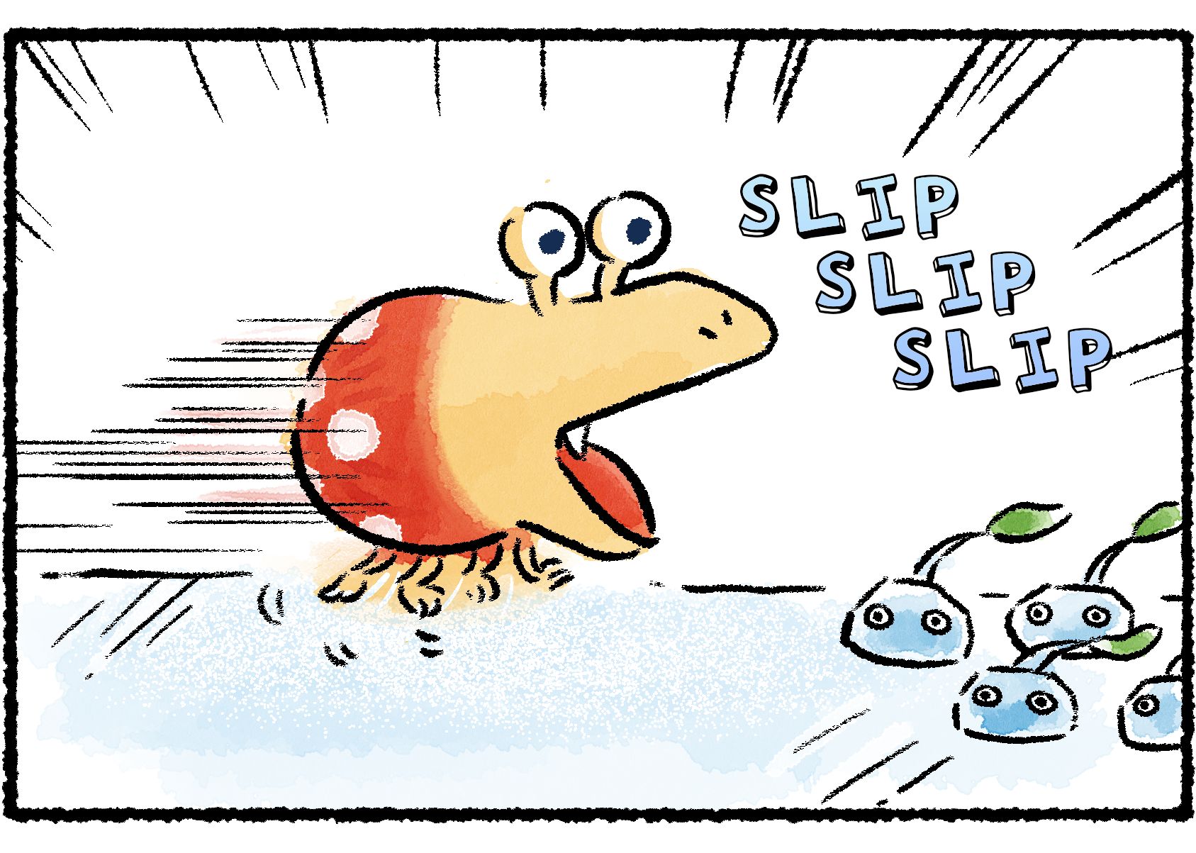 Panel two. The Bulborb comes upon Ice Pikmin embedded in the ice. It opens its mouth, ready to eat, but when it tries to stop its feet wobble and slide around.