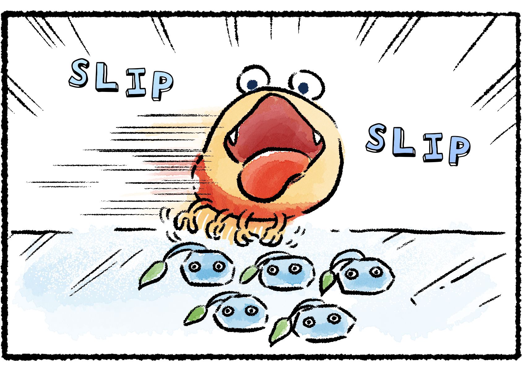 Panel three. The Bulborb is uncontrollably sliding past the Ice Pikmin, trying to grab them with its mouth before they're out of reach.