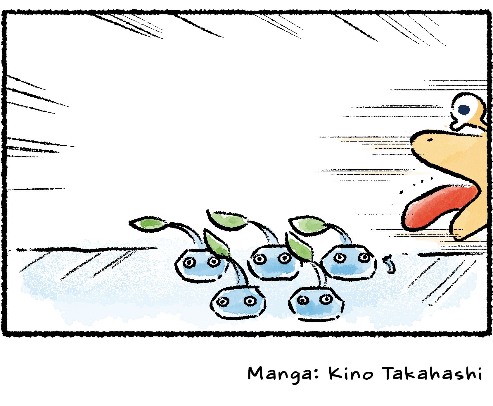 Panel four. The Bulborb completely passes by the Ice Pikmin without catching any.