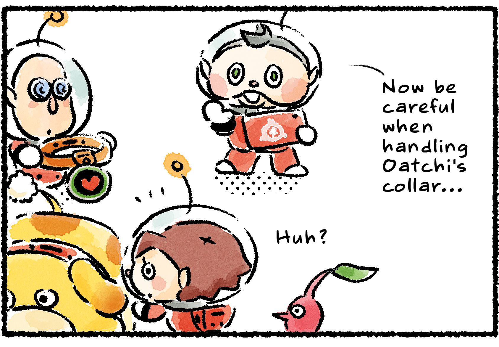 Panel one. Russ has a new collar for Oatchi, so a Rescue Officer approaches the Rescue Pup and goes to remove the old one. "Now be careful when handling Oatchi's collar," Collin says. The Rescue Officer says, "Huh?"