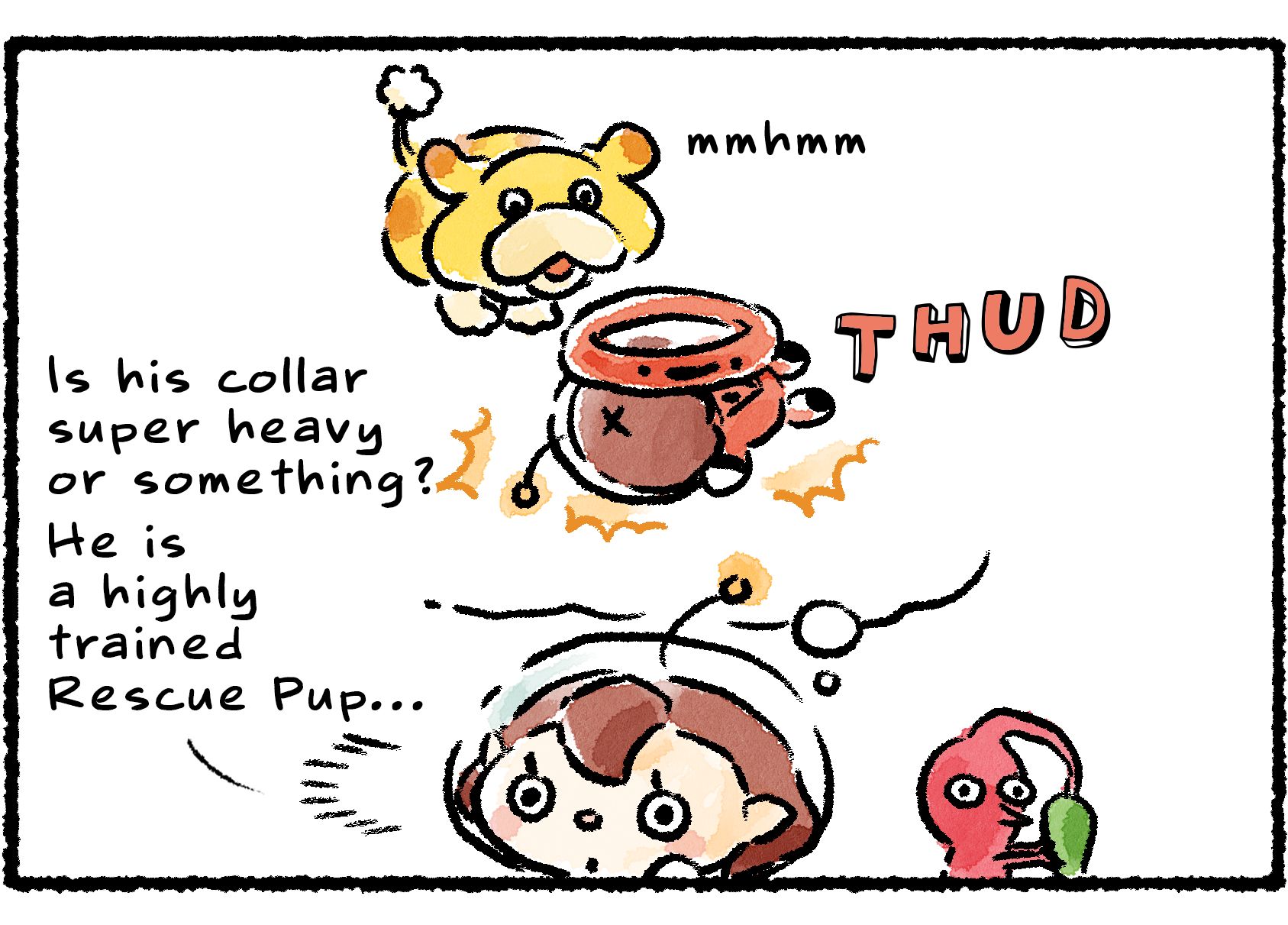 Panel two. "Is his collar super heavy or something?" the Rescue Officer wonders. She imagines pulling it off and it being so heavy that it knocks her down and pins her to the floor.