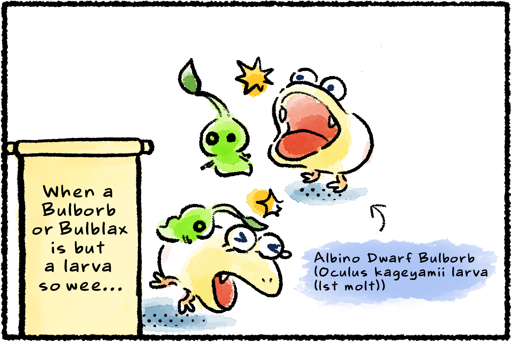Panel one. Two Albino Dwarf Bulborbs fight Glow Pikmin. A caption reads "Albino Dwarf Bulborb (Oculus kageyamii larva (1st molt))", and narrator text continues in the style of a children's story: "When a Bulborb or Bulblax is but a larva so wee..."