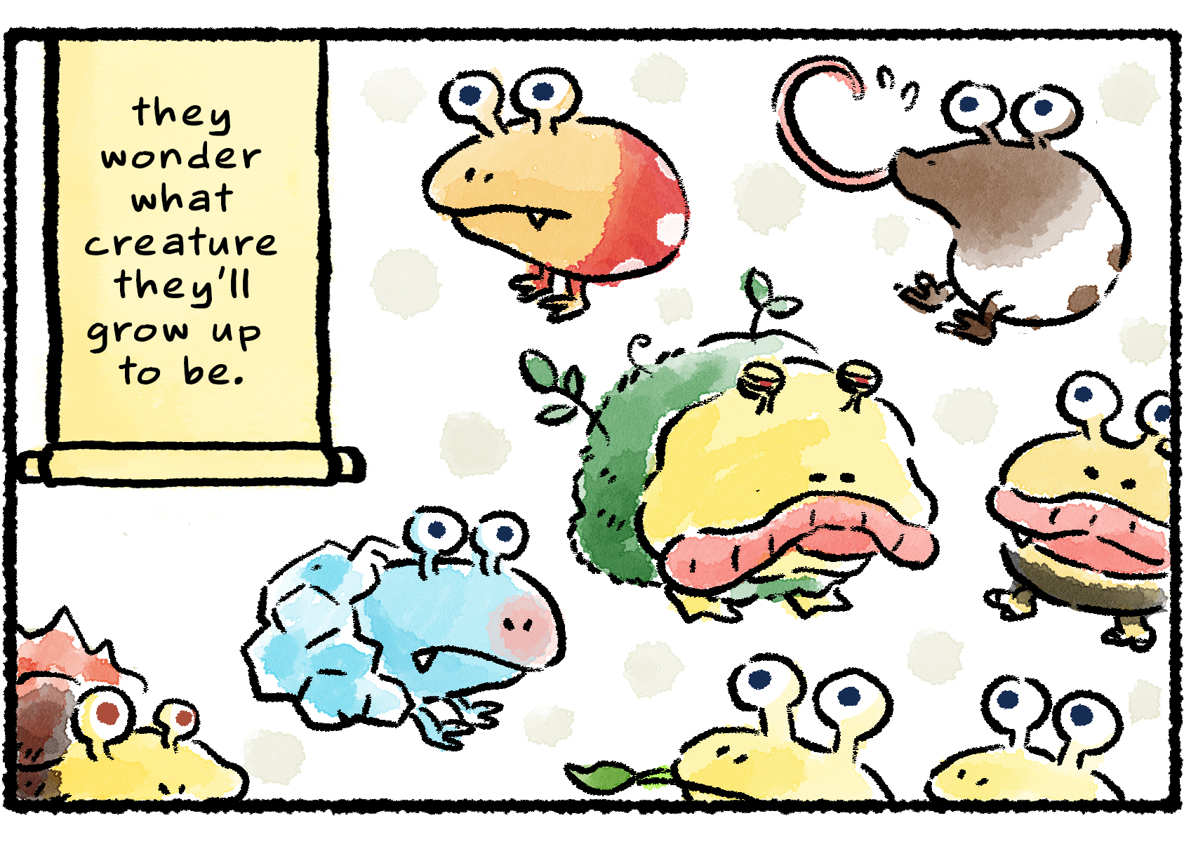 Panel two. A diverse group of Bulborbs shows a host of possible forms the larva could take as they grow up. Narrator text continues: "They wonder what creature they'll grow up to be."