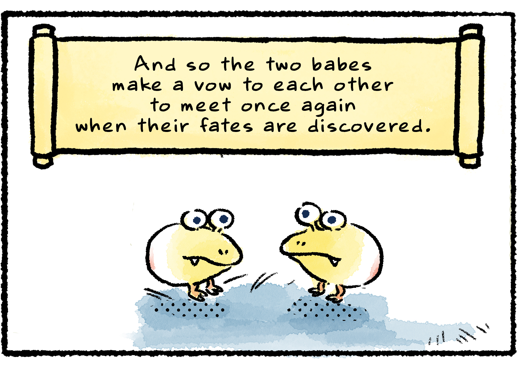 Panel three. The two Albino Dwarf Bulborbs face each other. Narrator text continues: "And so the two babes make a vow to each other...to meet again one day once their fates are discovered."