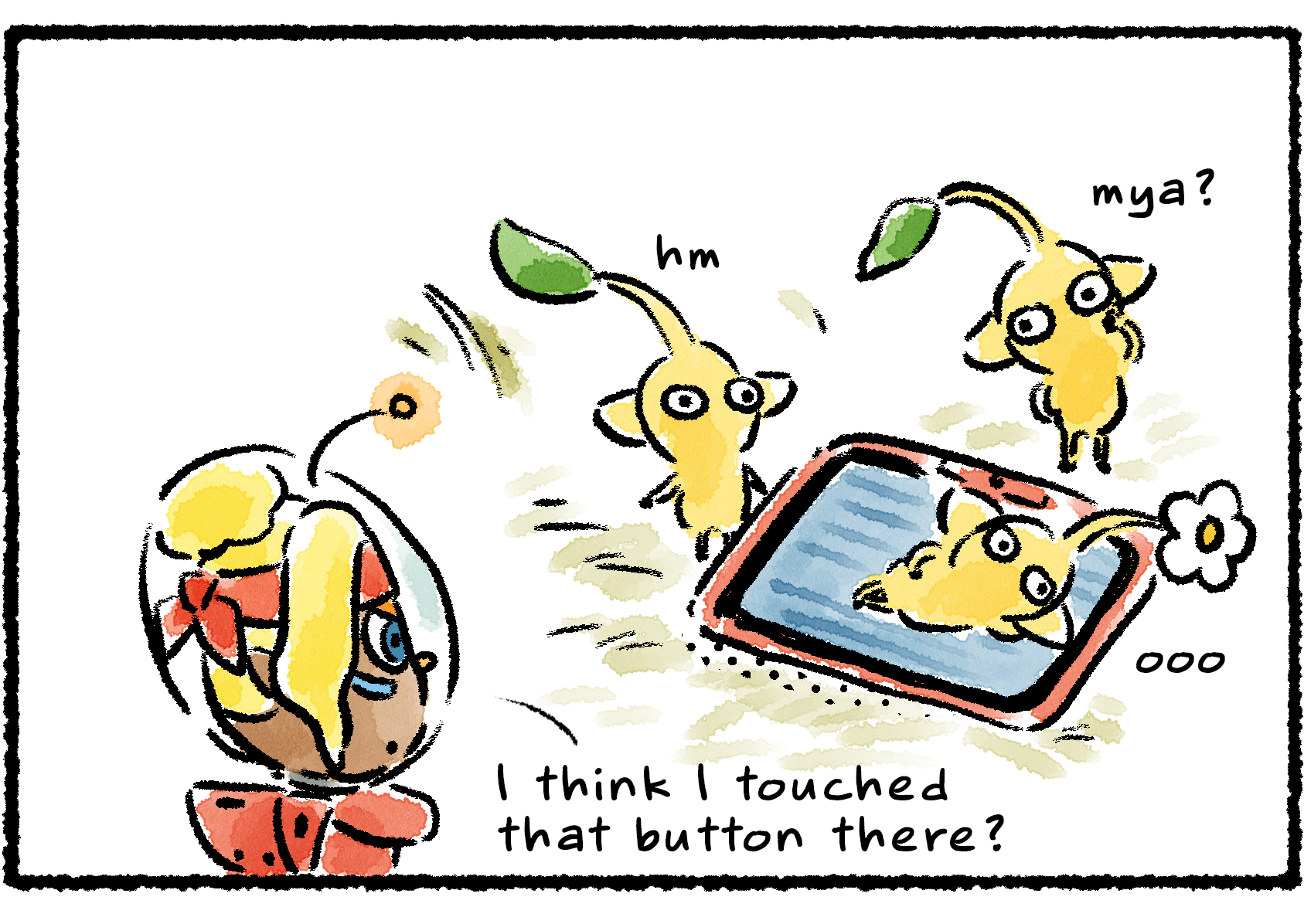 Panel two. Shepherd is asking some Yellow Pikmin for help. "I think I touched that button there?" she says. The Pikmin hang out around the tablet uselessly. One of them lounges on it.