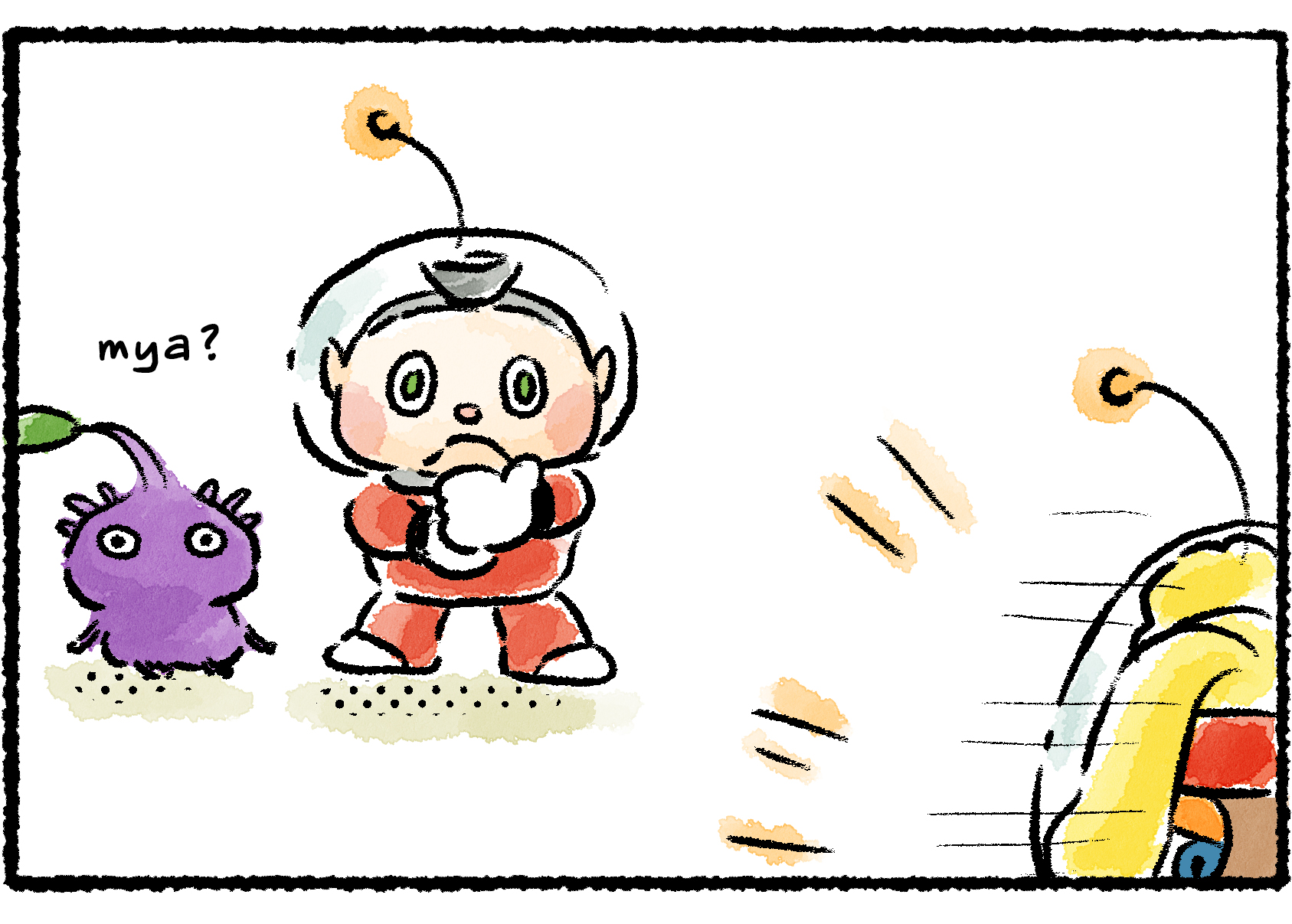 Panel three. Collin and a Purple Pikmin watch Shepherd at a distance. They both seem baffled by what is happening.