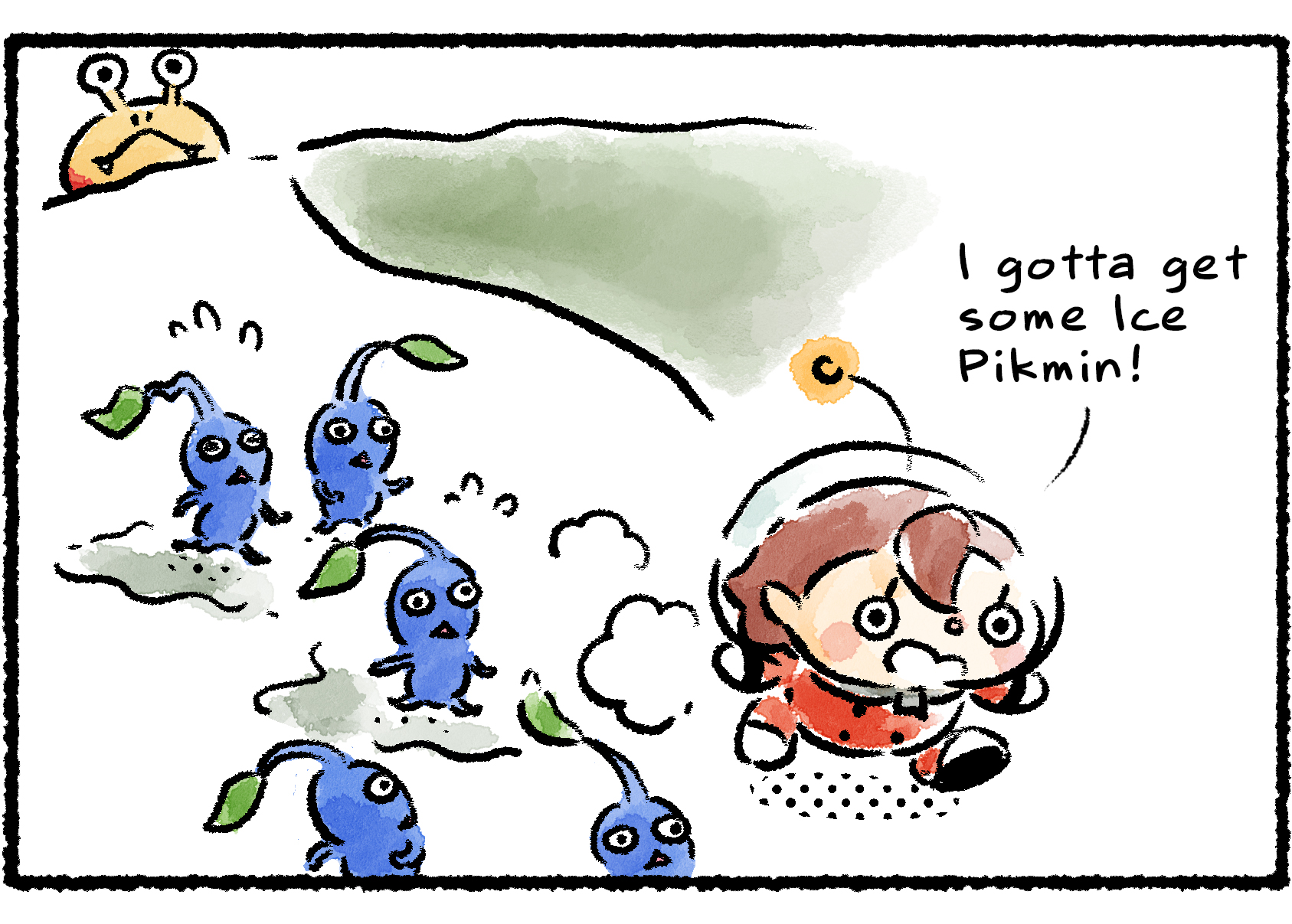 Panel two. The Rescue Officer flees with the Blue Pikmin in tow. "I gotta get some Ice Pikmin!" she says. In the background, a Bulborb can be seen approaching the swamp water.