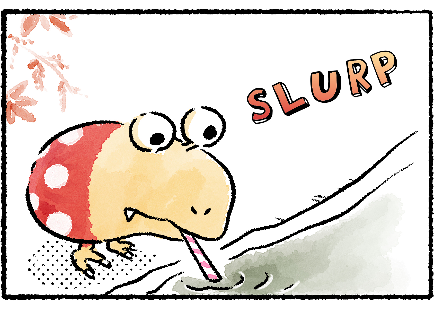 Panel three. The Bulborb sticks a straw into the swamp water and starts slurping from it.