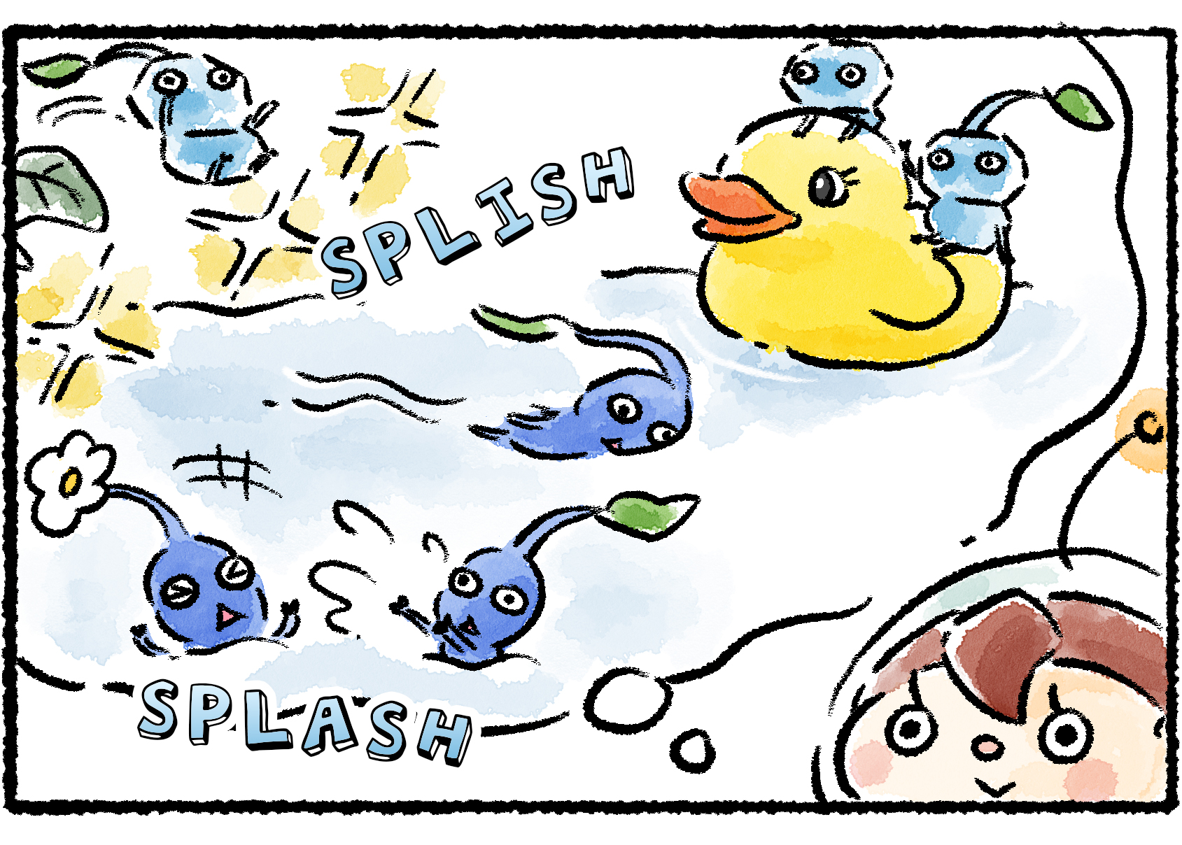 Panel three. The Rescue Officer happily envisions the Blue Pikmin and Ice Pikmin having a fun time playing with a rubber ducky in the water.