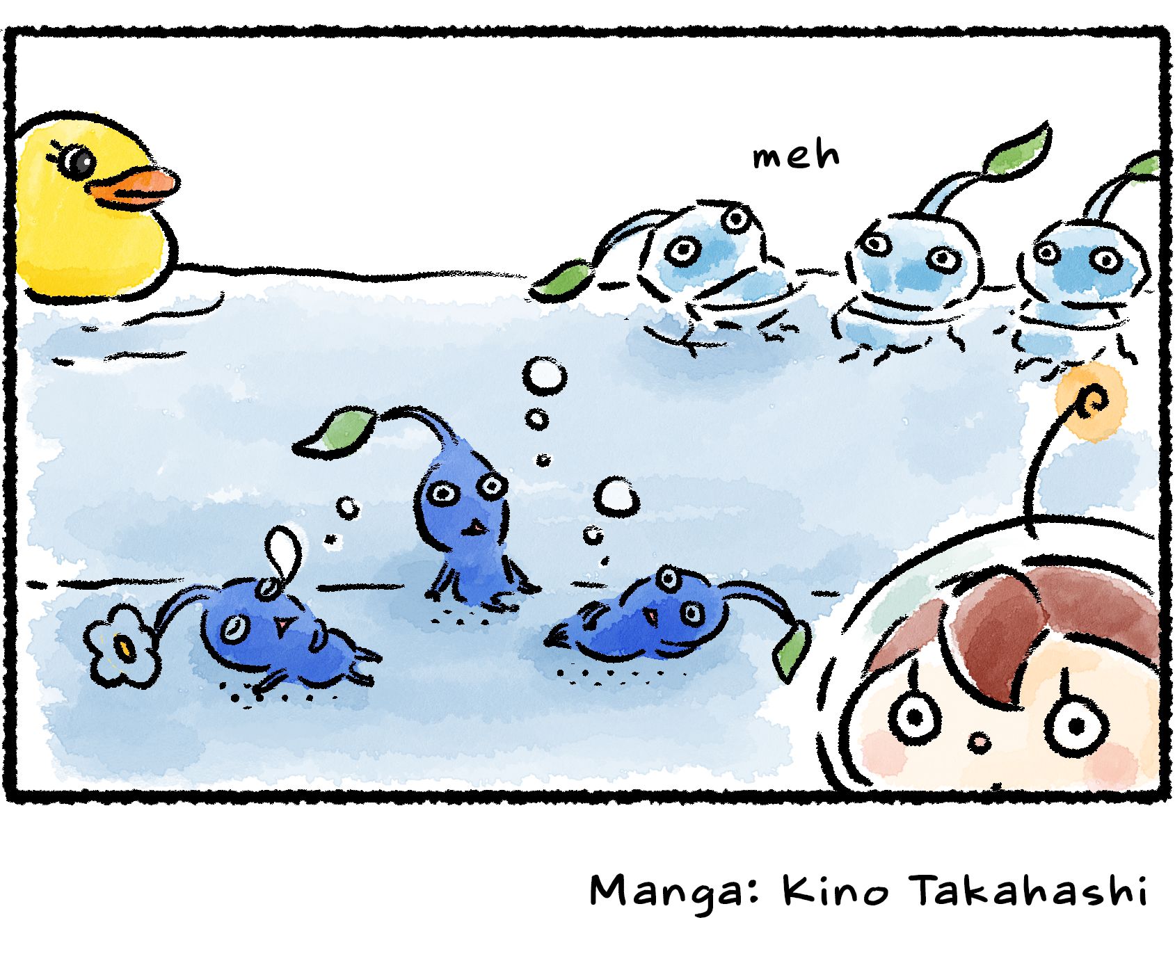 Panel four. The Pikmin are lounging in the water, in almost the exact same poses as before. Ignoring the rubber ducky, they are just as bored as they were at the start.