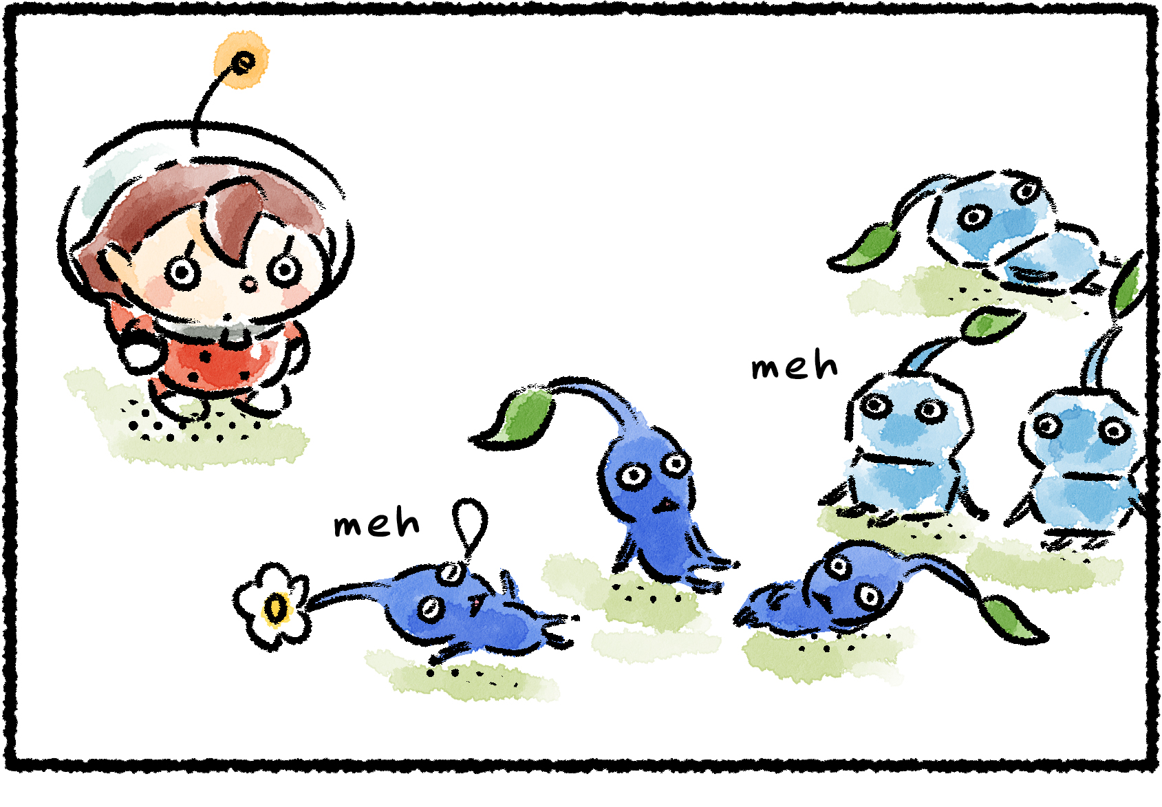 Panel one. A Rescue Officer approaches a group of Blue Pikmin and Ice Pikmin that are lounging around and looking bored.