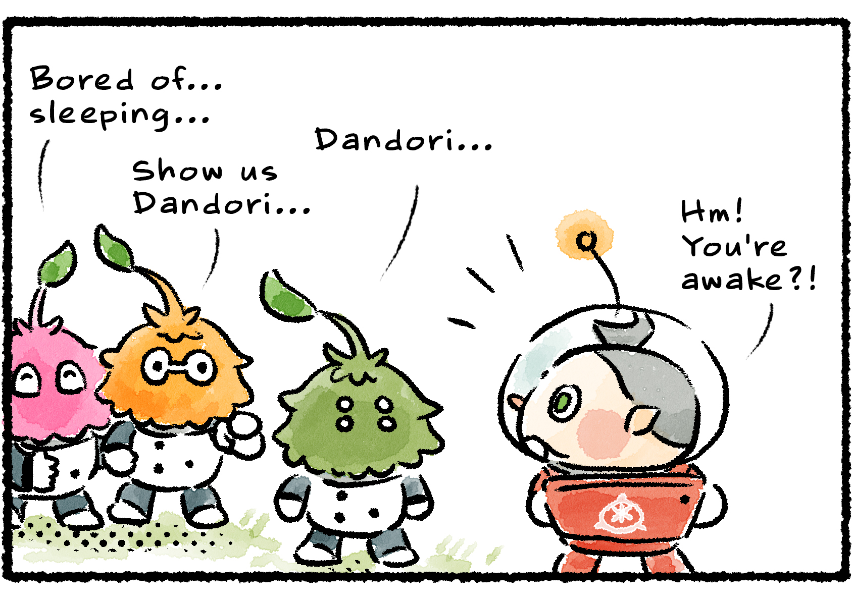 Panel two. Collin looks up from the tablet as the leaflings approach him. "Hm! You're awake?!" he says. The Leaflings say, "Bored of...sleeping... Dandori... Show us Dandori..."