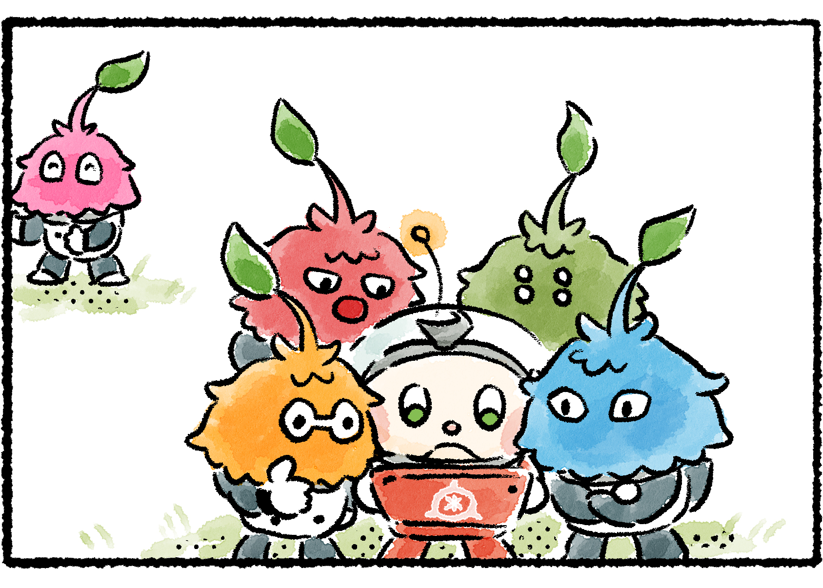 Panel three. The Leaflings crowd around Collin's tablet to watch.