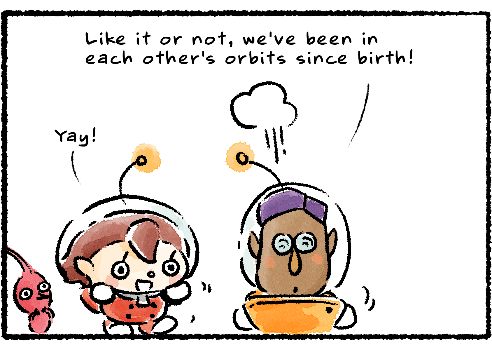 Panel three. Santi pulls out his tablet. "Like it or not," he says, "we've been in each other's orbits since birth!"