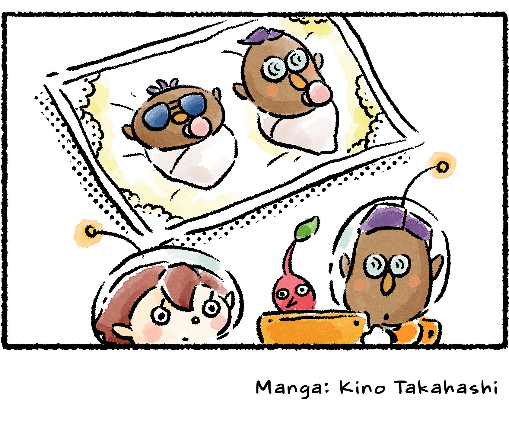 Panel four. Santi shows the Rescue Officer a picture of himself and Bernard swaddled in blankets with pacifiers in their mouths. Unfortunately, this doesn't answer the question—Bernard is wearing sunglasses even as a baby.