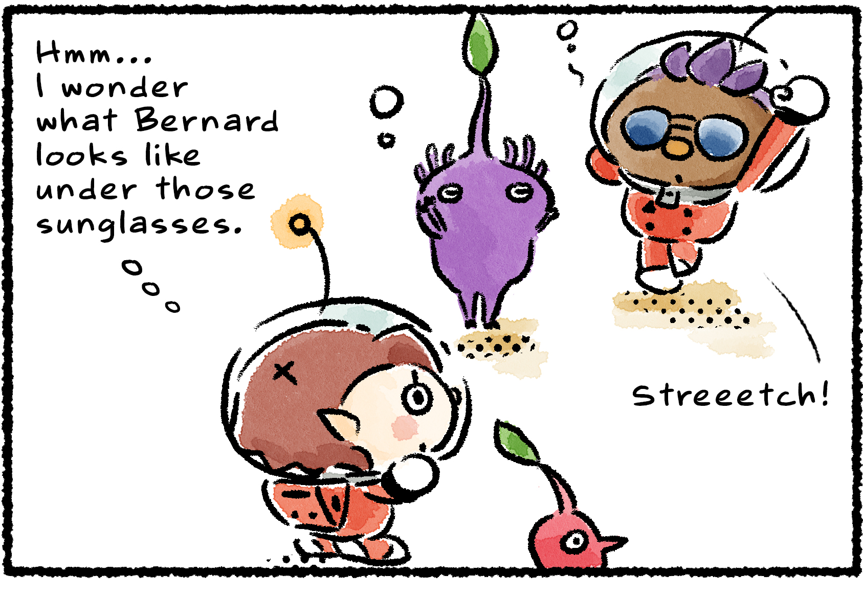 Panel one. Bernard strikes a cool pose alongside a Purple Pikmin. A Rescue Officer says, "Hmm... I wonder what Bernard looks like under those sunglasses."