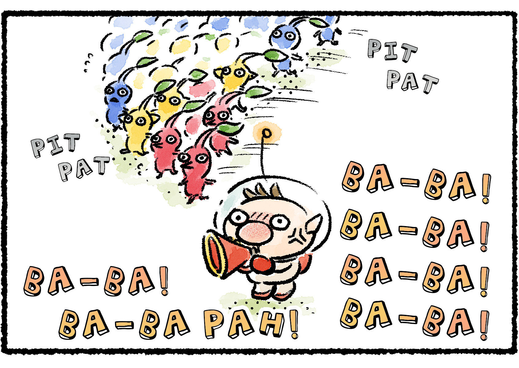 Panel two. Olimar blows on his trumpet, and the sound is so powerful and majestic that a horde of Pikmin fall in line and begin marching behind him energetically.