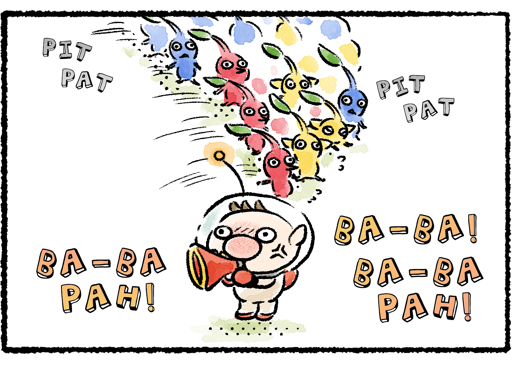 Panel three. Olimar continues to play. The Pikmin scramble to follow his every movement.