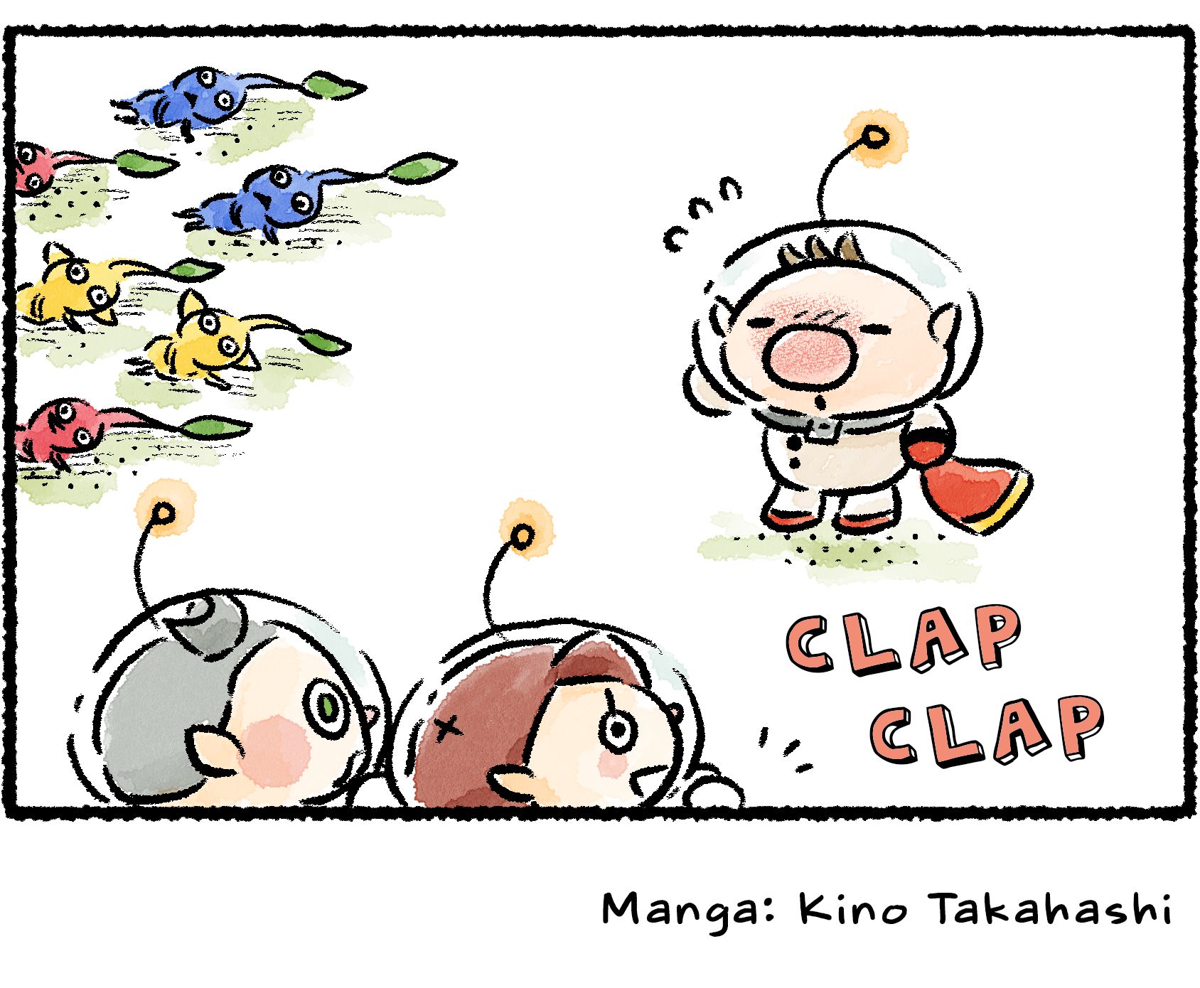 Panel four. Collin and the Rescue Officer applaud Olimar, thoroughly impressed. The Pikmin collapse on the ground nearby, exhausted from all their running around.