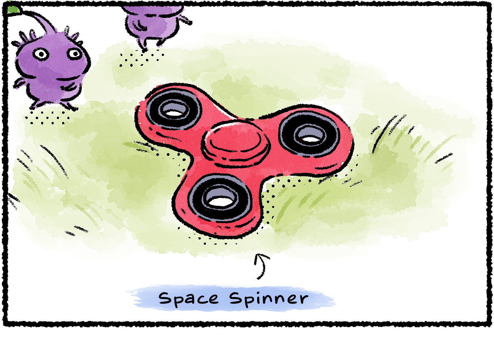 Panel one. Some Purple Pikmin walk up to a Space Spinner lying on the ground.