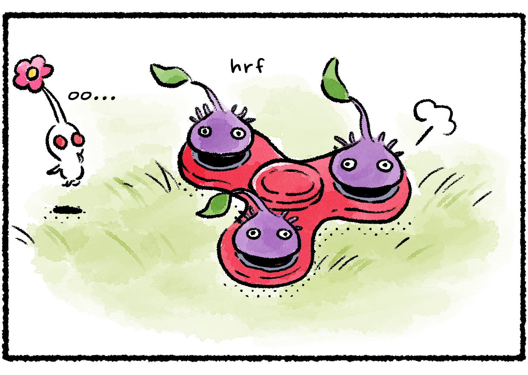 Panel two. Three Purple Pikmin sit in the three holes of the Space Spinner. A White Pikmin approaches, seeming interested.