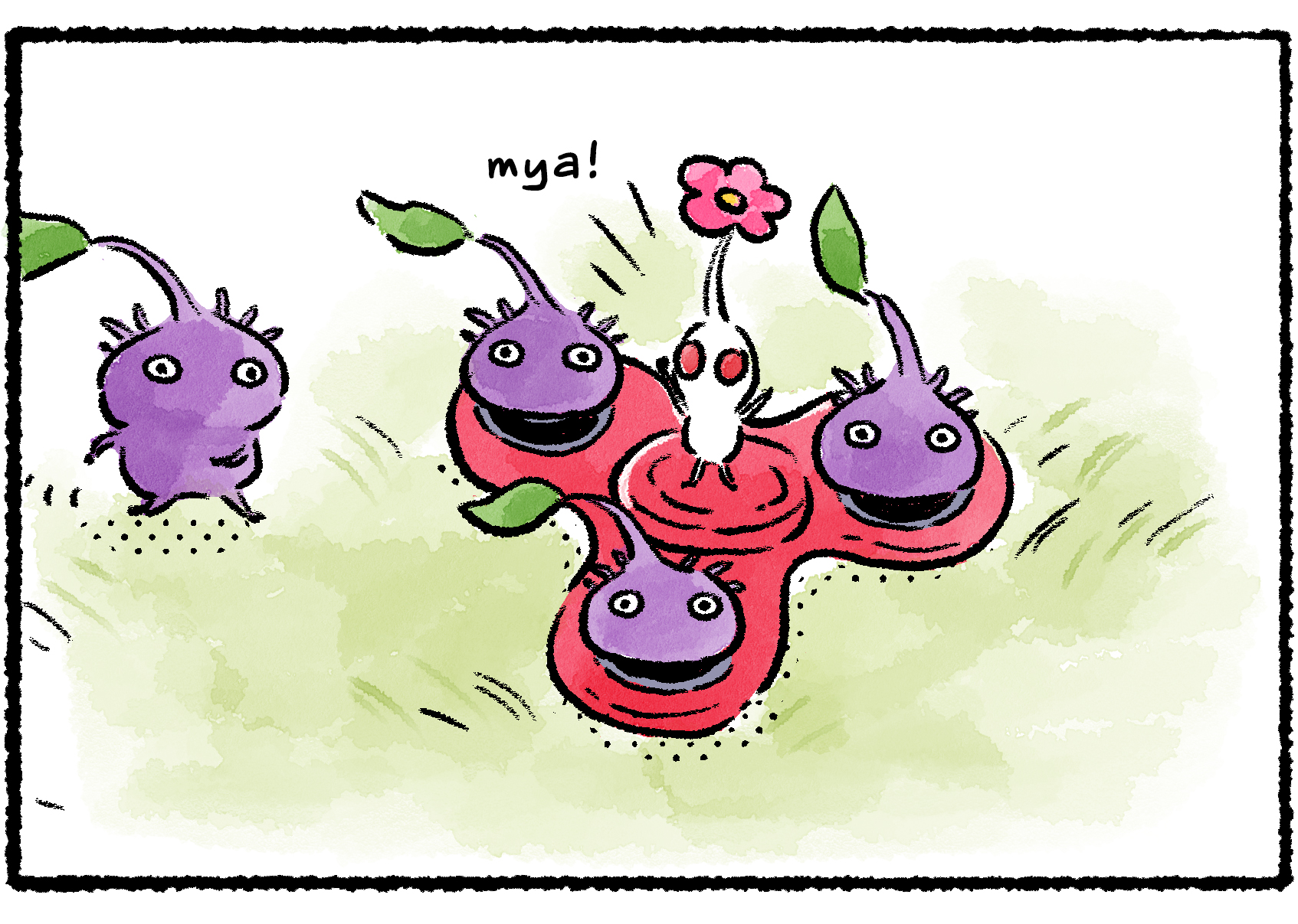 Panel three. The White Pikmin stands in the center of the Space Spinner. A fourth Purple Pikmin comes along.