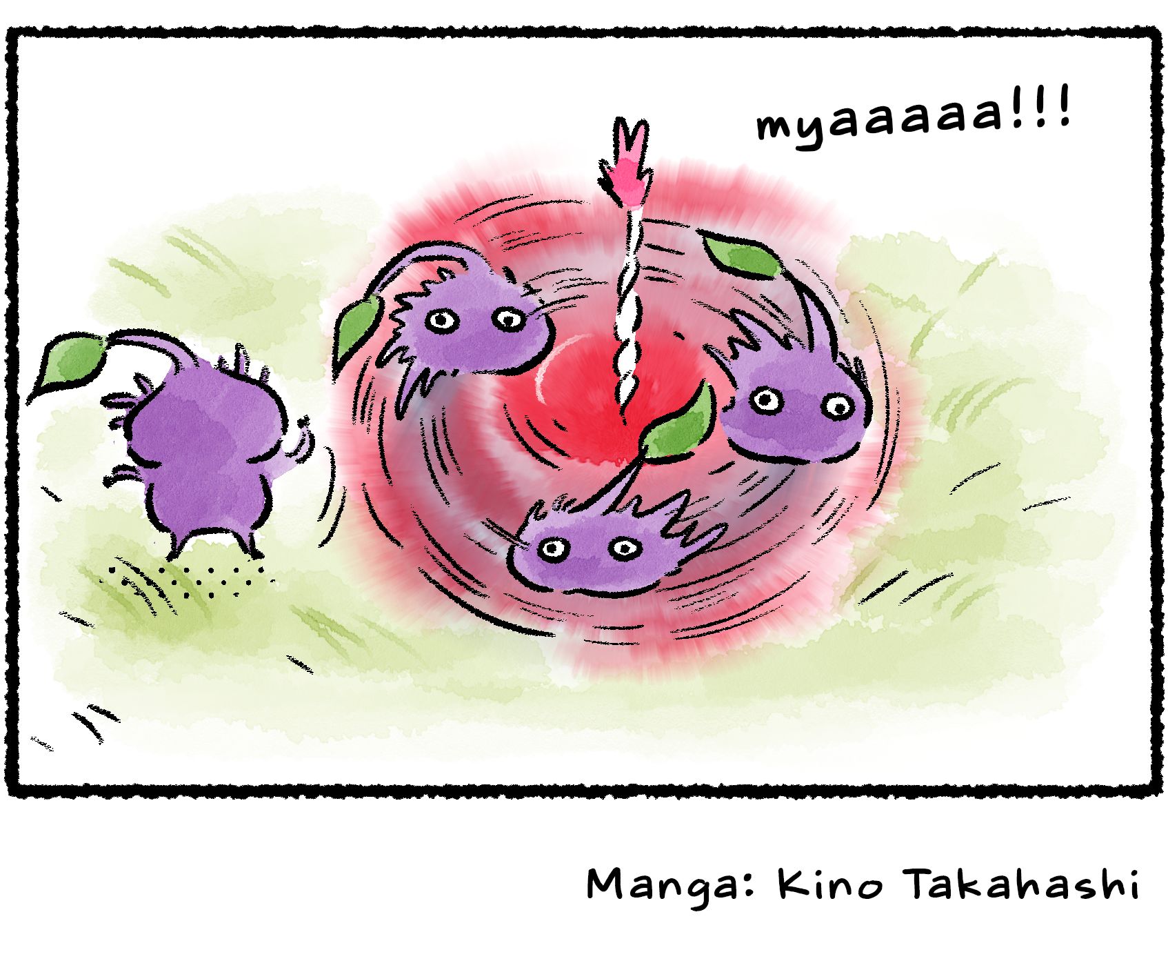 Panel four. The fourth Purple Pikmin spins the Space Spinner so hard that, as the other Purple Pikmin spin around, the White Pikmin in the middle gets all twisted up.