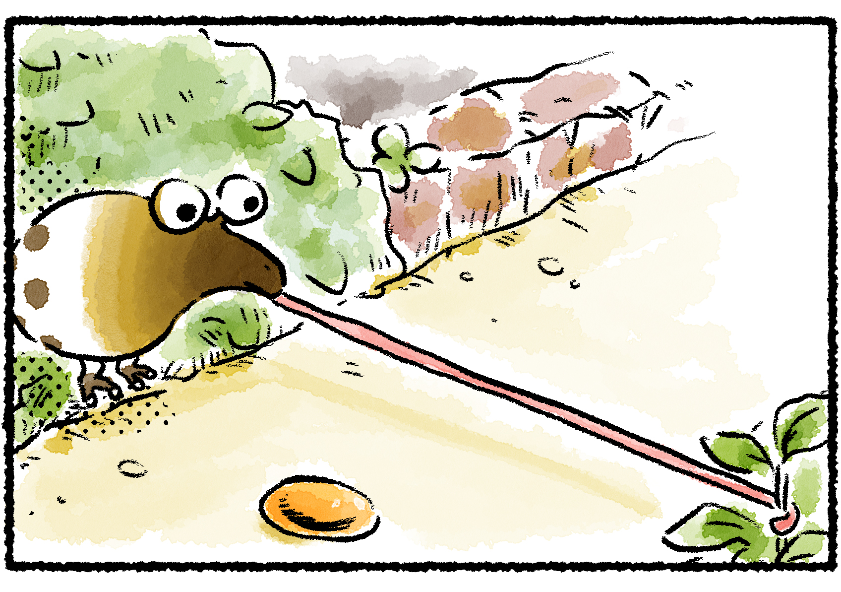 Panel one. A Whiptongue Bulborb stretches its tongue across a path with a drop of nectar in the middle. It loops its tongue around a bush at the far end.