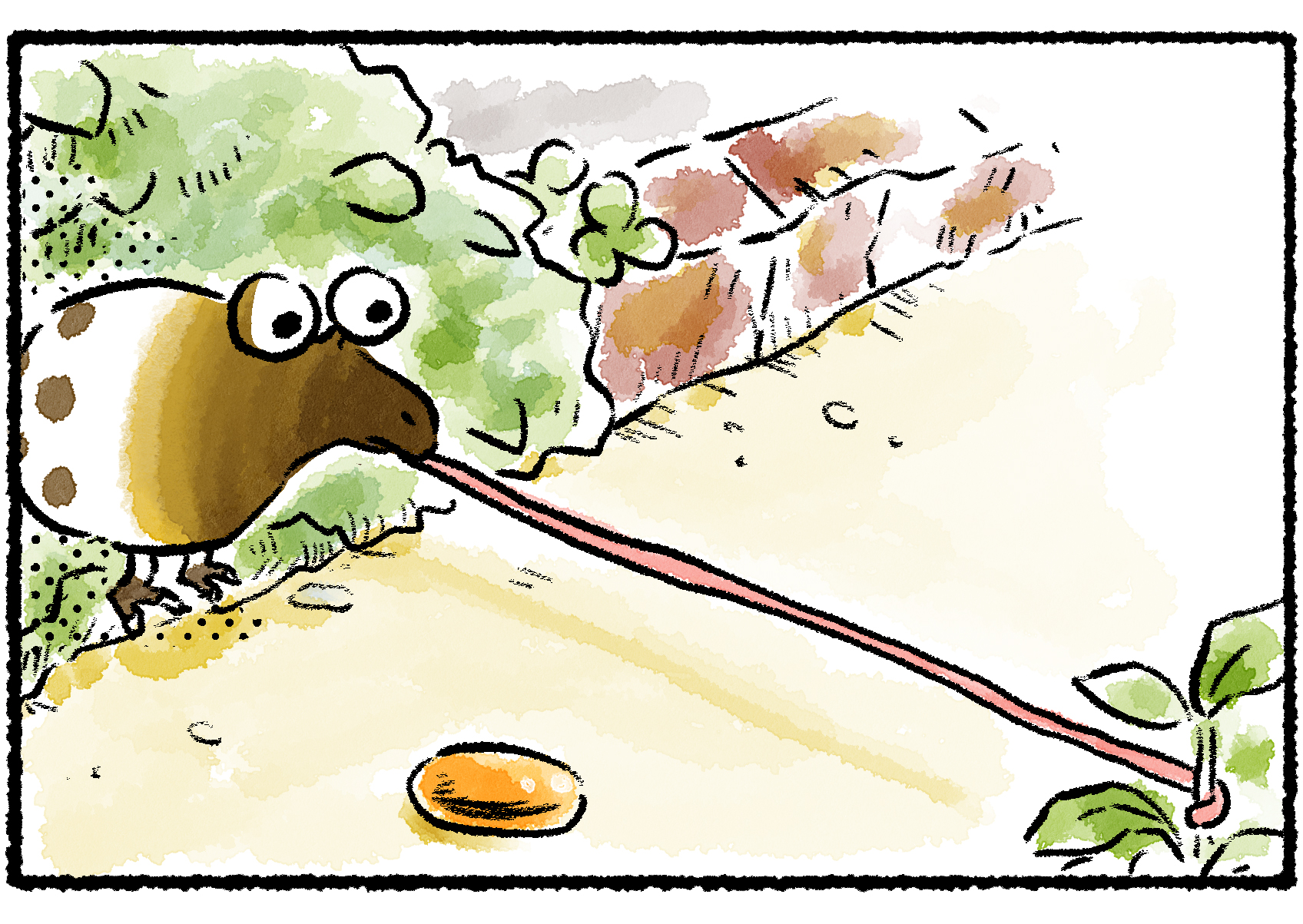 Panel two. Trap set, the Whiptongue Bulborb holds still and waits.