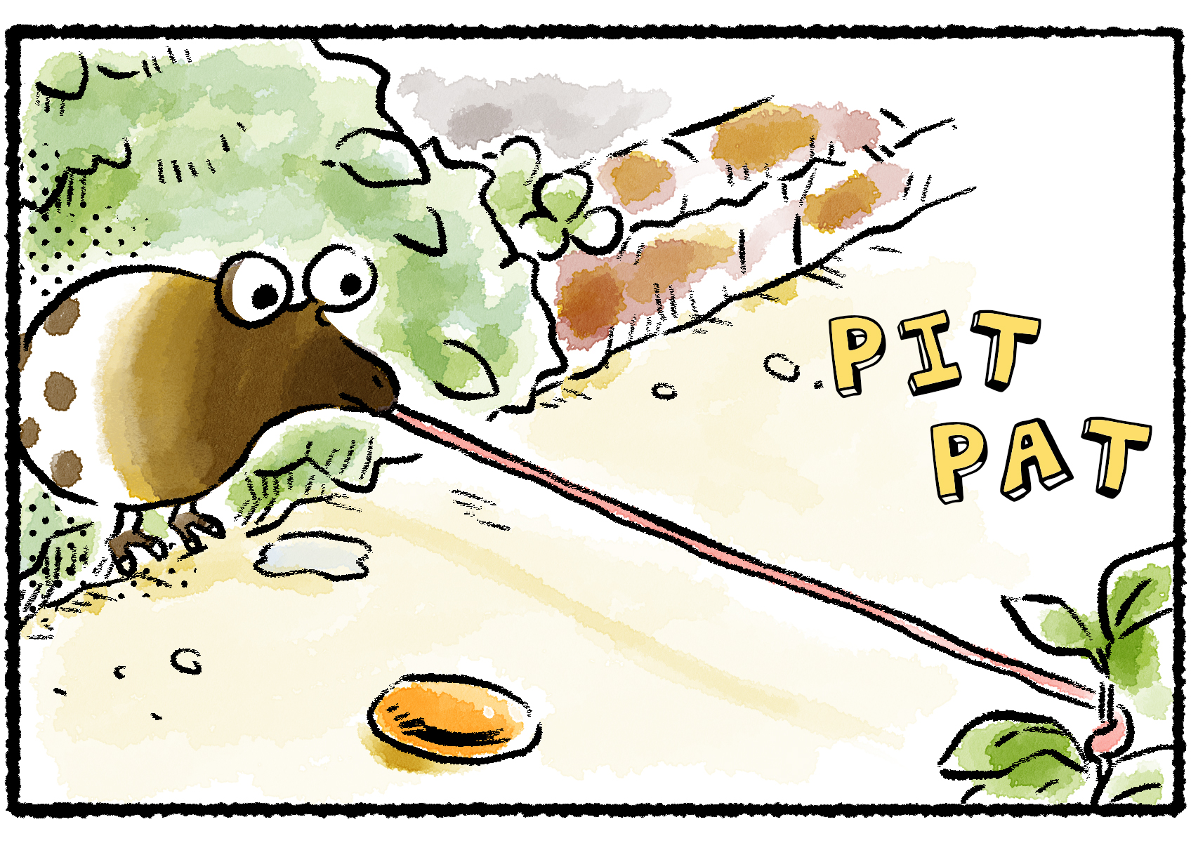 Panel three. The Whiptongue Bulborb waits patiently. Pikmin footsteps can be heard approaching in the distance.