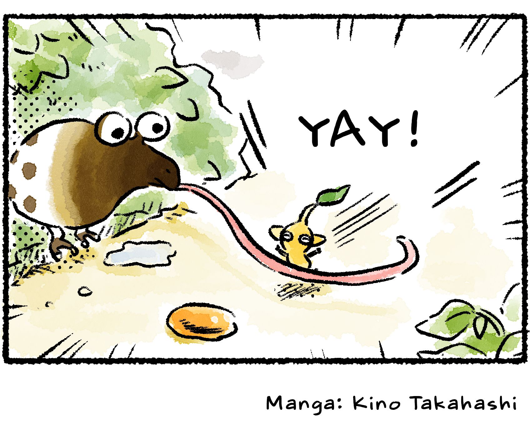 Panel four. A Yellow Pikmin runs right into the Whiptongue Bulborb's tongue like it's the finish line at a marathon. The tongue begins to snap back.
