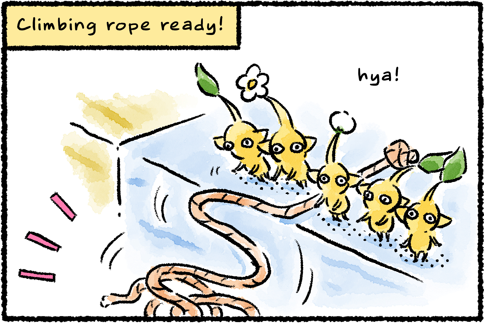 Panel one. A group of Yellow Pikmin lower a rope from a ledge. Narrator text reads: "Climbing rope ready!"