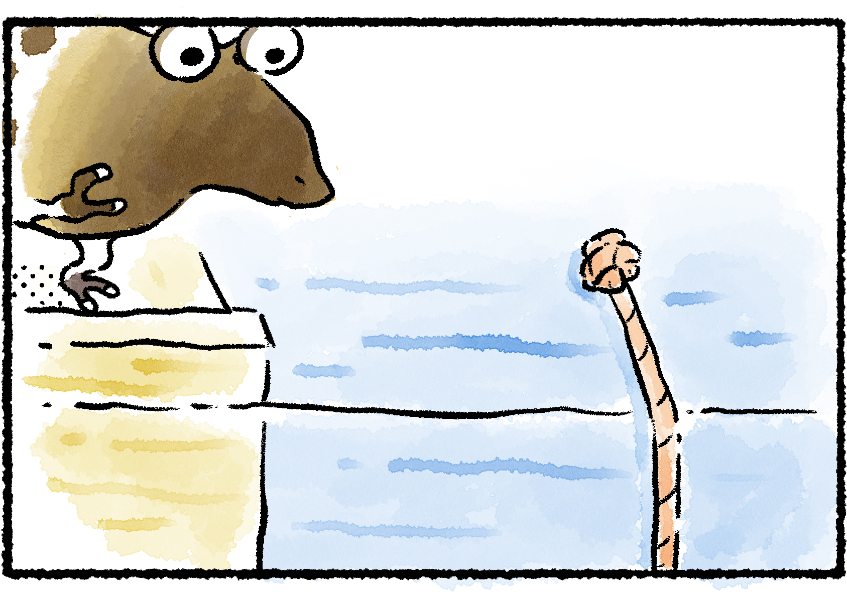 Panel two. A Whiptongue Bulborb approaches the spot where the climbing rope is dangling.