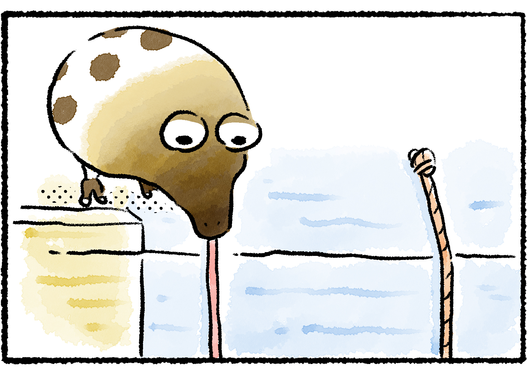 Panel three. The Whiptongue Bulborb drapes its tongue over the side of the ledge.