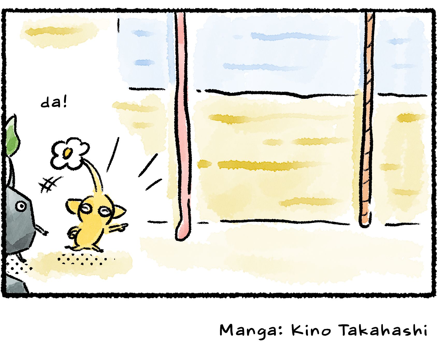 Panel four. Down below, a Yellow Pikmin is leading some Rock Pikmin to the climbing rope...only now there are two options to choose from.